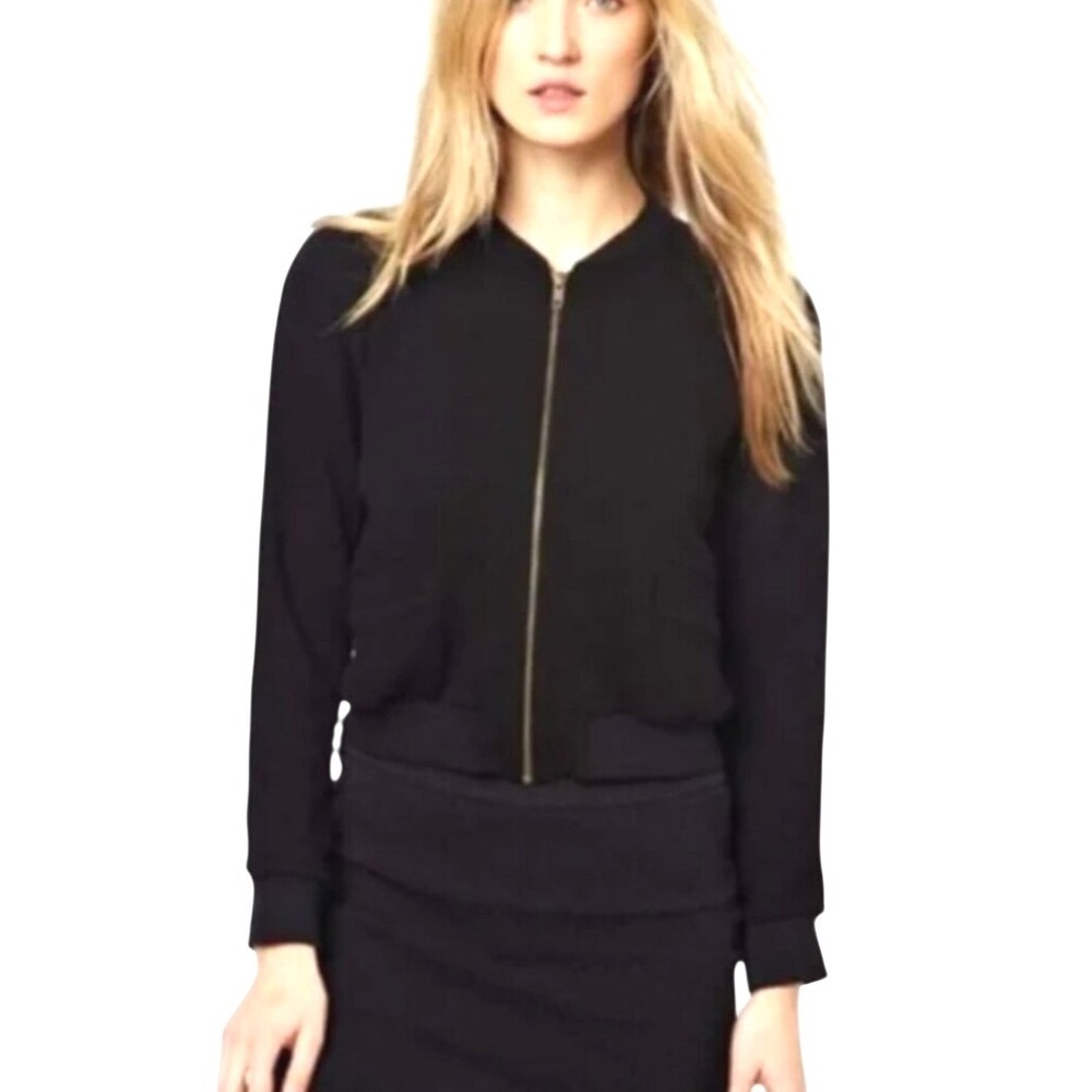 Ganni Miss Marple Black Bomber Jacket Full Zip Pockets Textured Knit Large